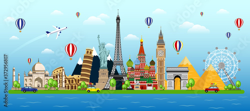 Travel with famous world landmarks. Travel around the world concept background design