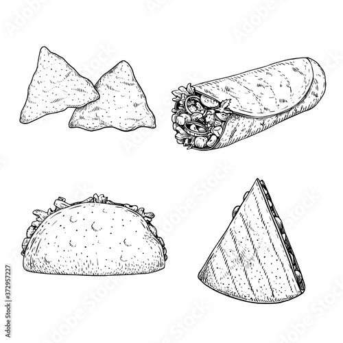 Hand drawn sketch style mexican food set. Nachos, burrito, taco and quesadilla. Traditional Mexico food in vintage handmade style. Vector illustration for menu designs and package.