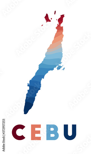 Cebu map. Map of the island with beautiful geometric waves in red blue colors. Vivid Cebu shape. Vector illustration.