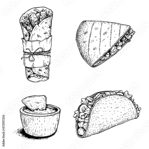 Hand drawn sketch style mexican food set. Nacho with sauce, burrito, taco and quesadilla. Traditional Mexico food in vintage handmade style. Vector illustration for menu designs and package