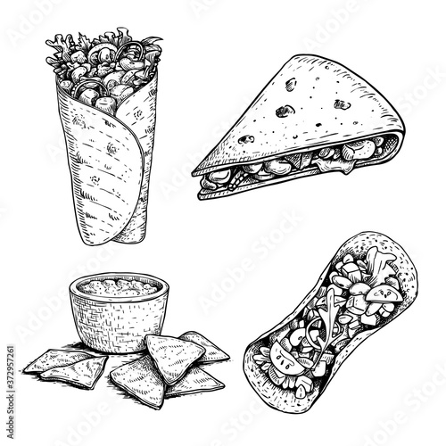 Hand drawn sketch style mexican food set. Nachos with sauce, burrito, taco and quesadilla. Traditional Mexico food in vintage hanmdade style. Vector illustration for menu designs and package.