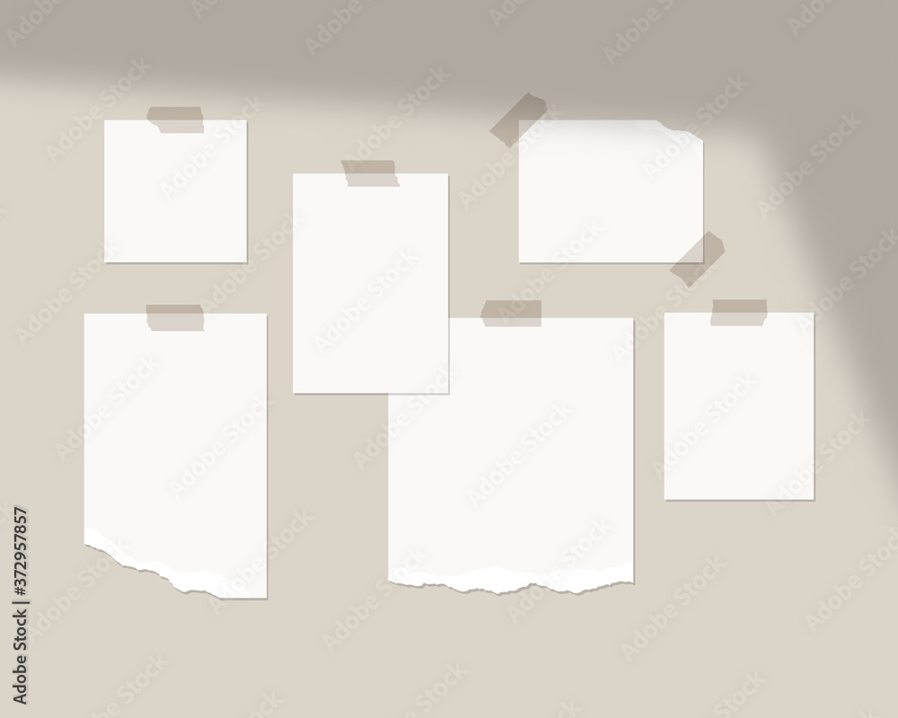 Mood board mockup template. Empty sheets of white paper on the wall with shadow overlay. Mockup vector isolated. Template design. Realistic vector illustration. Mood board mockup template. Empty sheets of white paper on the wall with shadow overlay. Mockup vector isolated. Template design. Realistic vector illustration.