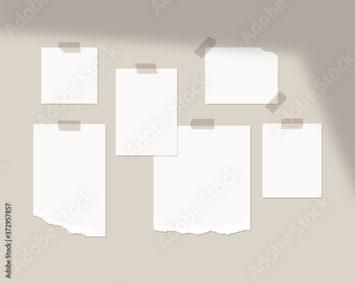 Mood board mockup template. Empty sheets of white paper on the wall with shadow overlay. Mockup vector isolated. Template design. Realistic vector illustration.