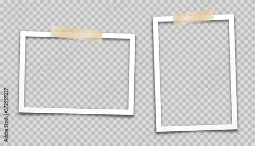 Realistic empty photo card frame, film set. Retro vintage photograph. Digital snapshot image. Template or mockup for design. Vector illustration.