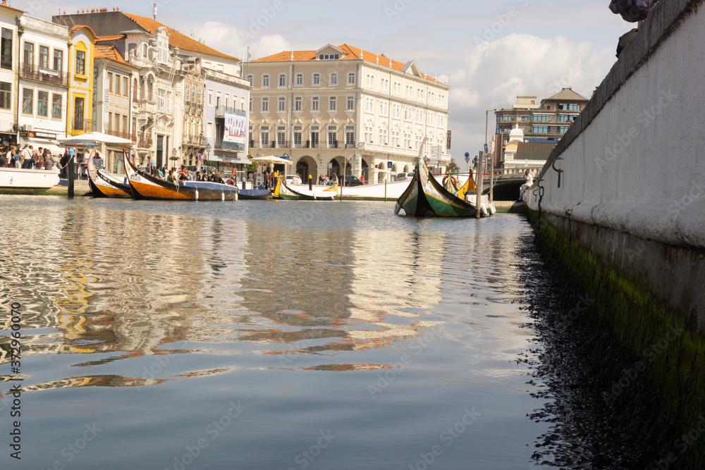 River with gondolas in front of colorful houses in Aveiro