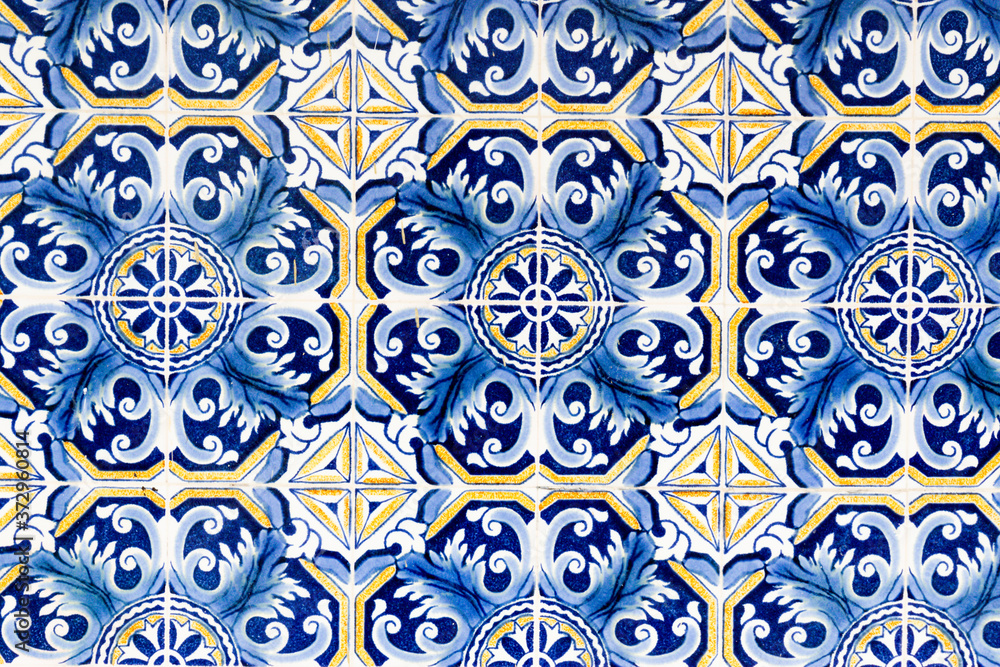 Vintage tiles with geometric borders in blue color