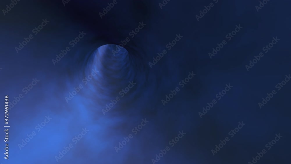 3D transition through a blue tunnel or wormhole reaching the end and leaving the pipe, bottomless