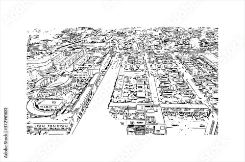Building view with landmark of Apeldoorn is a municipality and city in the province of Gelderland in the centre of the Netherlands. Hand drawn sketch illustration in vector.