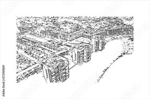 Building view with landmark of Apeldoorn is a municipality and city in the province of Gelderland in the centre of the Netherlands. Hand drawn sketch illustration in vector.