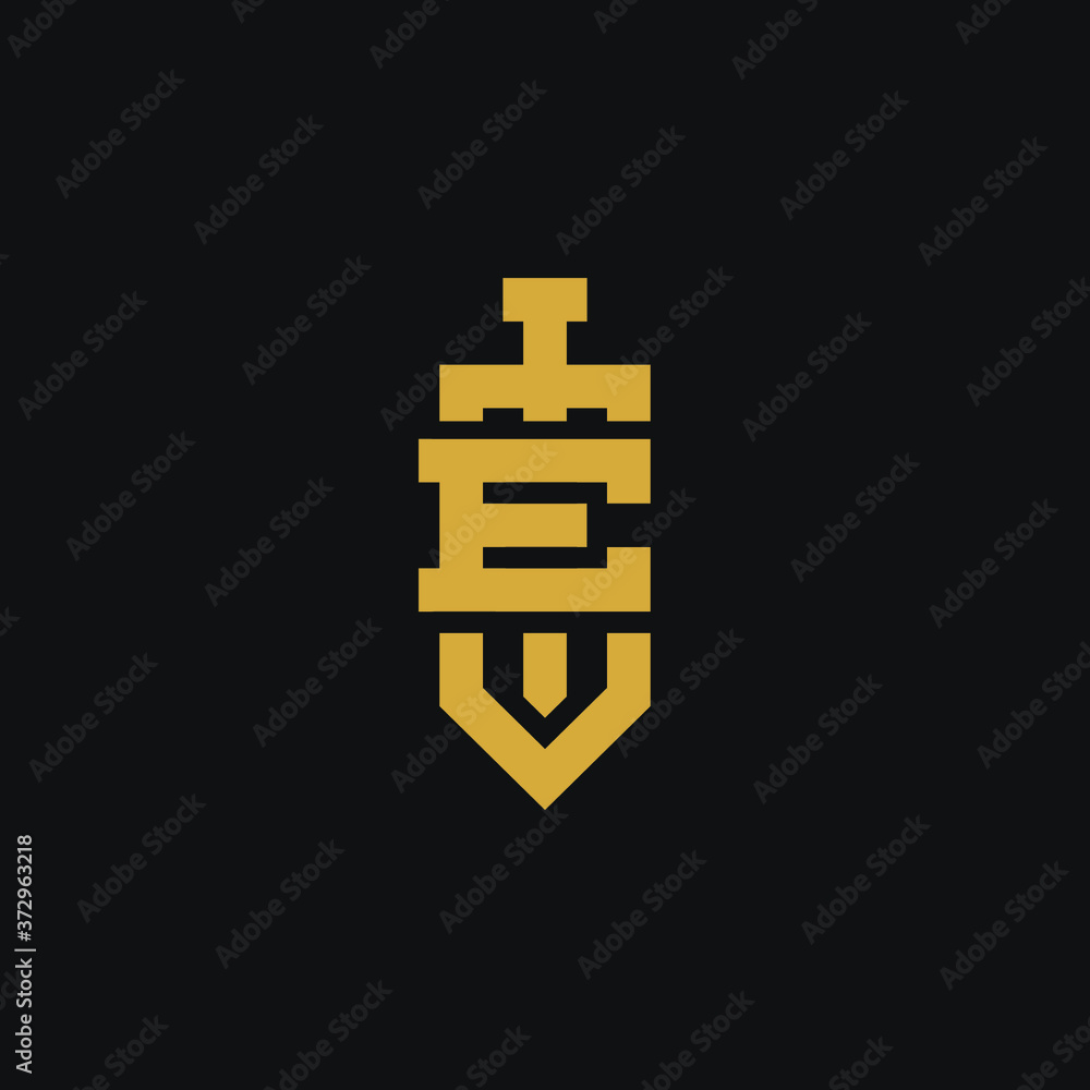 Letter E logo with sword. creative minimal monogram symbol. Universal elegant vector sign design. Premium business logotype. Graphic alphabet symbol for corporate business identity Letter E logo with sword. creative minimal monogram symbol. Universal elegant vector sign design. Premium business logotype. Graphic alphabet symbol for corporate business identity