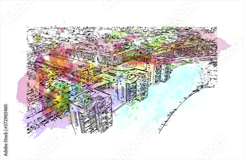 Building view with landmark of Apeldoorn is a municipality and city in the province of Gelderland in the centre of the Netherlands. Watercolor splash with hand drawn sketch illustration in vector.