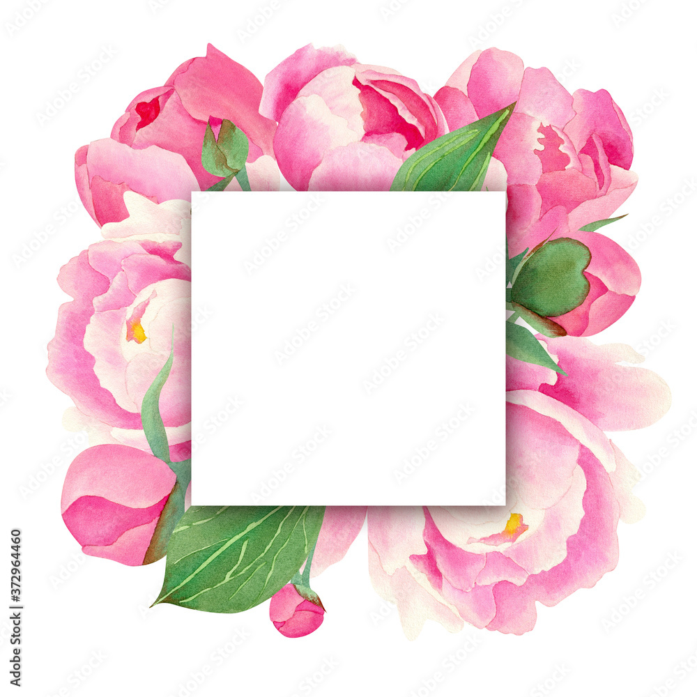 Pink and green peony background with a square label