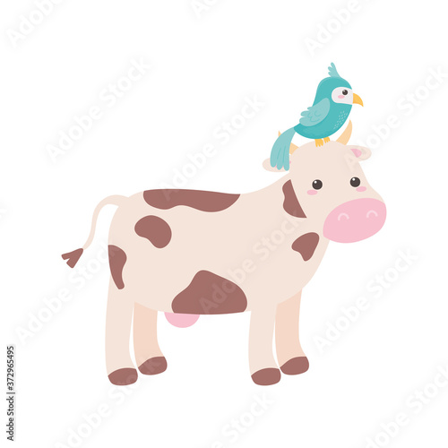 cute cow cat dog parrot grass cartoon animals isolated white background design