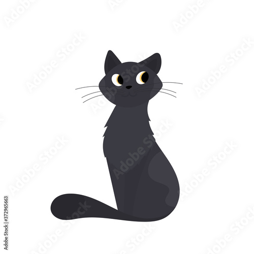 Black cat. The cat looks away curiously. Good for stickers and postcards. Isolated. Vector.