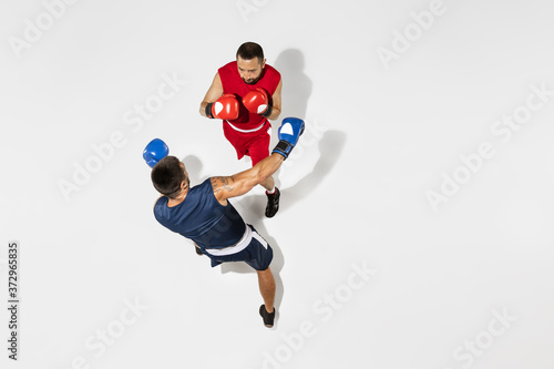 Two professional boxers boxing isolated on white studio background, action, top view. Couple of fit muscular caucasian athletes fighting. Sport, competition, excitement and human emotions concept.