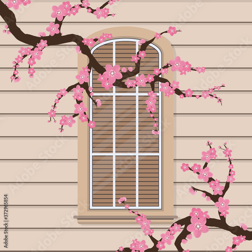 Semicircular window with flowers in a flat style. Window with shutters. Vector.