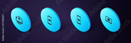 Set Isometric Graduation cap on laptop, Shopping basket mobile, and Human resources icon. Vector.