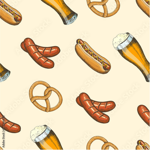 Oktoberfest celebration seamless pattern with beer, pretzel, sausage and hod dog in sketch style.  Hand made lettering. Seamless background for wallpaper, web page background, surface textures, menu
