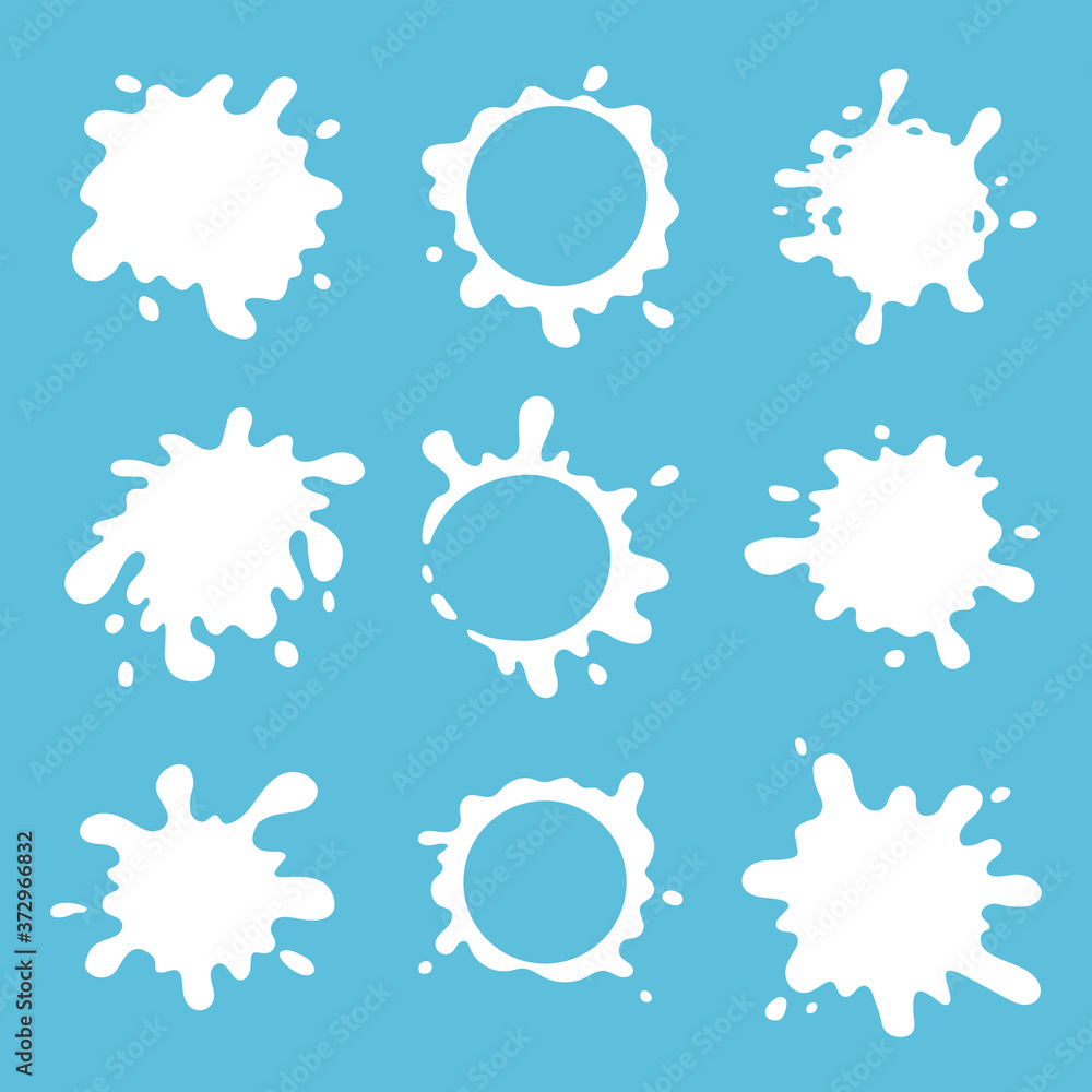 Set of milk blots and splashes. Fresh milk diary products symbols. Best for logo and packaging design. White vector splashes isolated on light blue background. Set of milk blots and splashes. Fresh milk diary products symbols. Best for logo and packaging design. White vector splashes isolated on light blue background.