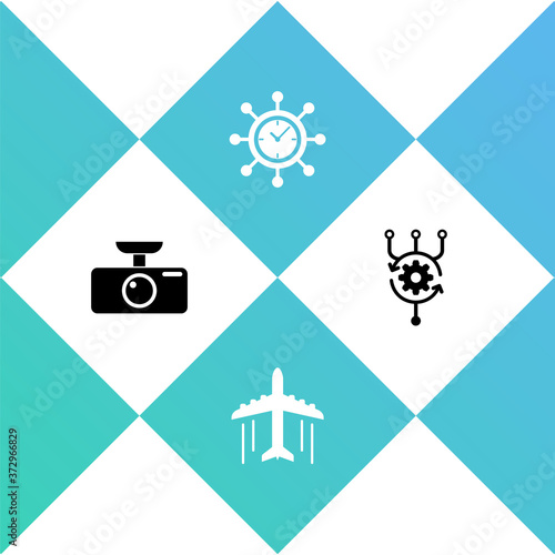 Set Car DVR, Plane, Clock and gear and Algorithm icon. Vector.