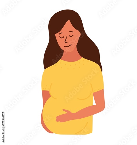 upset and sad pregnant woman touching her belly. Bad news about your baby s health. Fear, anxiety and depression. 3rd trimester of pregnancy. approaching childbirth. 