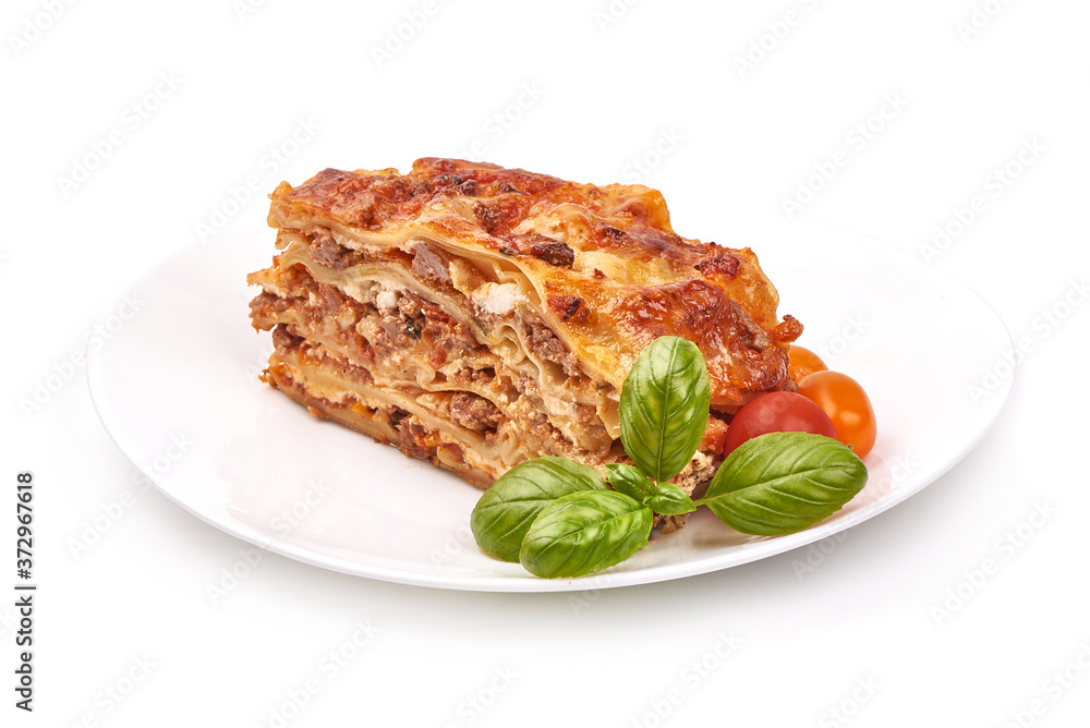 Traditional Homemade Italian Lasagna, isolated on white background