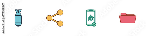 Set Aviation bomb, Share, Flight mode in the mobile and Folder icon. Vector.