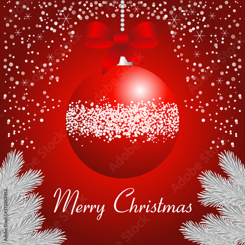 2021 - Carte de Noël classique couleur rouge et blanche avec au centre une grosse boule et son ruban entourée de branche de sapin et de neige.