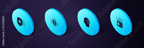 Set Isometric Cryptocurrency wallet, Brain as digital circuit board, CPU mining farm and Shield with bitcoin icon. Vector.