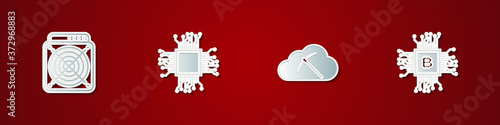 Set ASIC Miner, Processor, Cryptocurrency cloud mining and CPU farm icon. Vector.