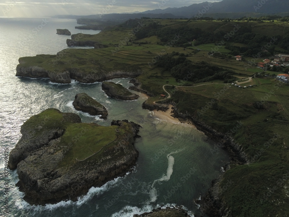 Asturias.  Coastal cliffs landscape in beach of Cue.Spain. Aerial Drone Photo