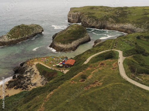 Asturias. Coastal cliffs landscape in beach of Cue.Spain. Aerial Drone Photo