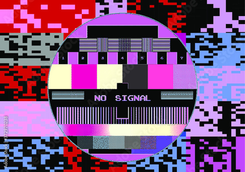 TV screen without signal with pixeled bars and VHS noise effect. Cyberpunk and vaporwave aesthetics.