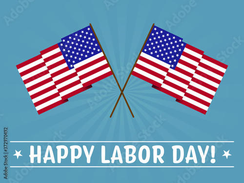 Labor Day greeting with stylized US flags waving and white text on blue background