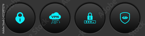 Set Castle in the shape of heart, Cloud VPN interface, Password protection and Shield and eye icon. Vector.