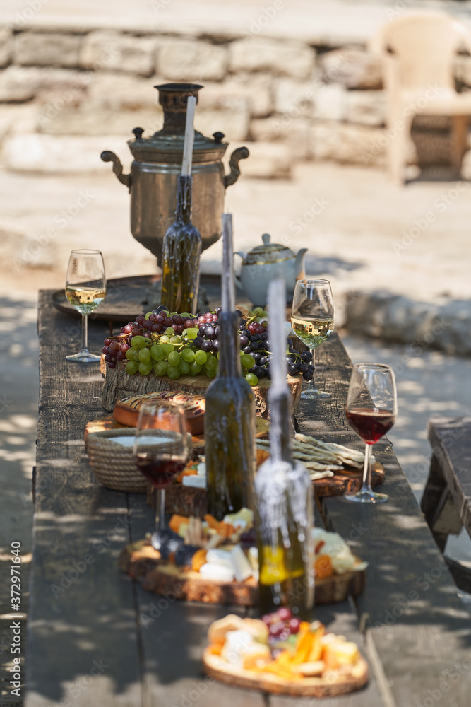 Wine and snack set. Antipasto and catering table