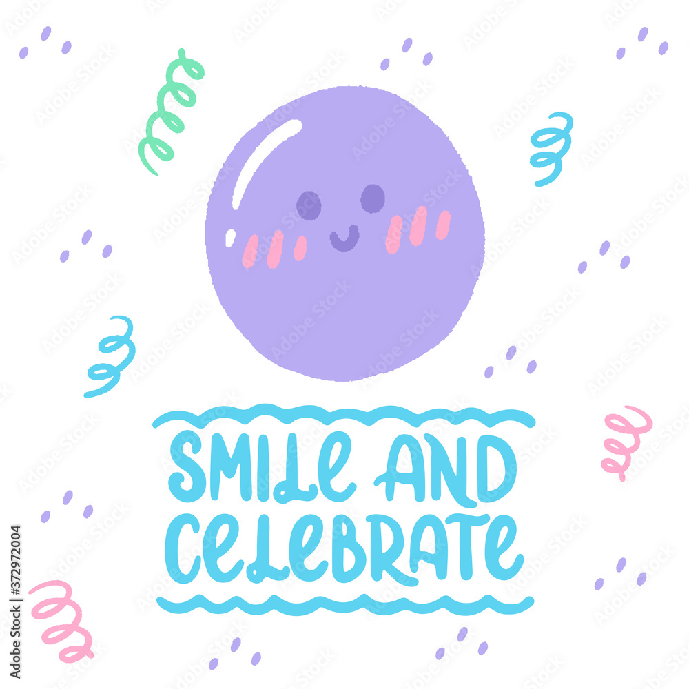 Cute vector illustration template with emoticon and hand lettering. Birthday and celebration template for web and printing Cute vector illustration template with emoticon and hand lettering. Birthday and celebration template for web and printing