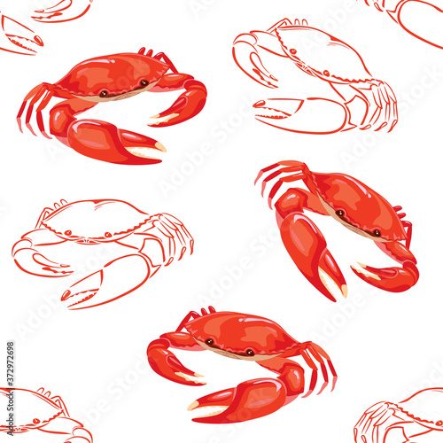 Seamless pattern with red crabs. Vector illustration in cartoon flat style. Seafood background.