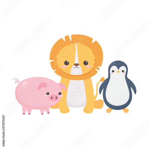 little lion pig and penguin cartoon animals isolated white background design