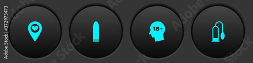 Set Location with heart, Dildo vibrator, Head 18 plus and Penis pump icon. Vector.