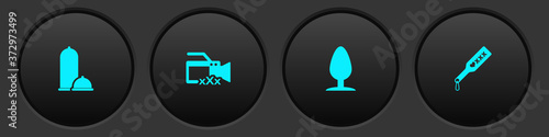 Set Condoms safe sex, Video camera with Sex, Anal plug and Spanking paddle icon. Vector.