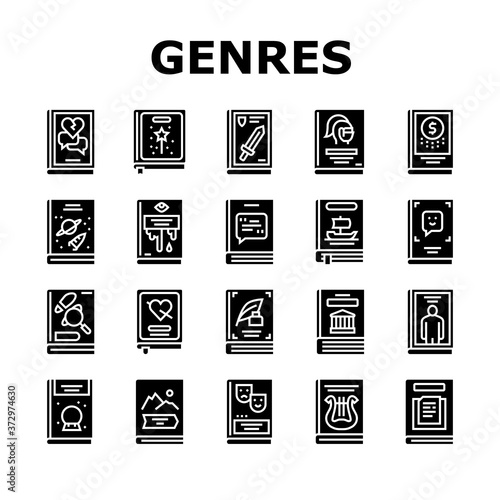 Literary Genres Books Collection Icons Set Vector. Drama And Fairy Tale, Fantasy And Historical, Business And Science Fiction Genres Glyph Pictograms Black Illustrations