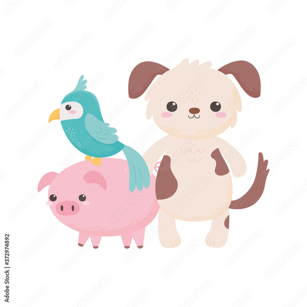 Obraz premium cute parrot dog piggy tree foliage cartoon animals
