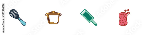 Set Kitchen whisk, Cooking pot, Grater and Sponge with bubbles icon. Vector.