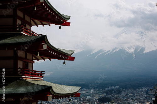 Beautiful view of a Chureito Pagoda with Mount Fuji at Arakurayama Sengen park photo