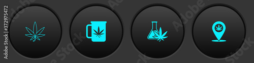 Set Marijuana or cannabis leaf, Cup tea with marijuana, Test tube and Location and icon. Vector.