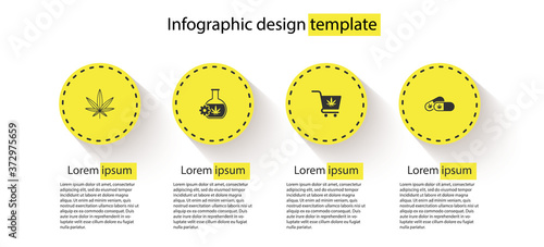 Set Marijuana or cannabis leaf, Test tube with marijuana, Shopping cart and Medical pills. Business infographic template. Vector.