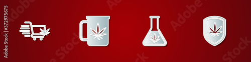 Set Shopping cart with marijuana, Cup tea, Test tube and Shield and icon. Vector.