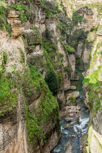 Canyon or Tajo de Ronda with the Guadalevin River between the rocky slopes with plants or green moss, adventure day in the province of Malaga Spain