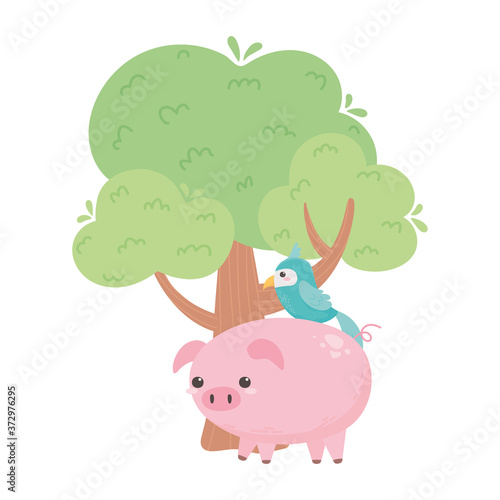 little pig and parrot tree cartoon animals in a natural landscape